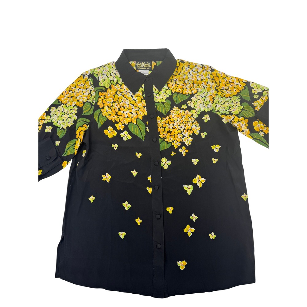 Bob Mackie Wearable Art Blouse Womens M Black Yellow Silk Floral Sequin